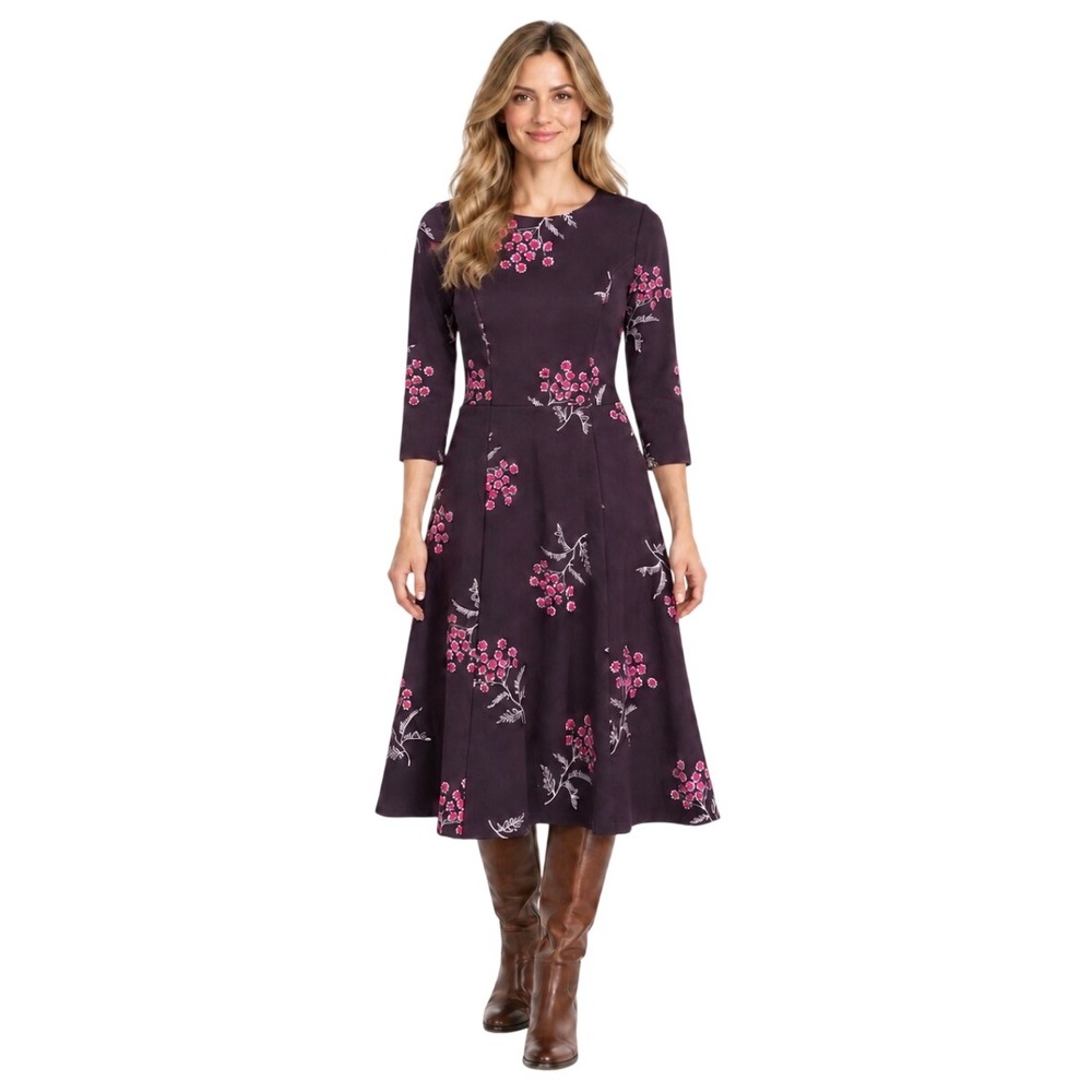 NWT Boden Purple Floral 3/4 Sleeve Fit & Flare Midi Dress US 6R UK 10R